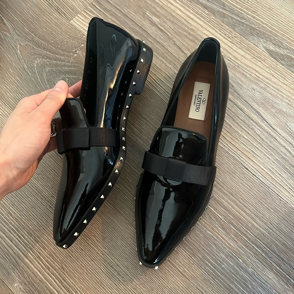New Valentino black patent leather studded loafers